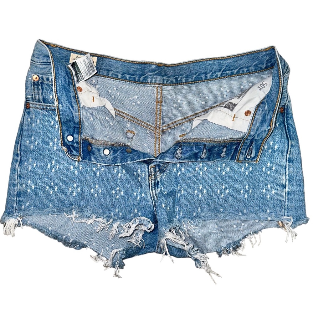 Levis 501 Button Fly High Rise Distressed Frayed Dottie Blues Denim Shorts 29 - Picture 6 of 16